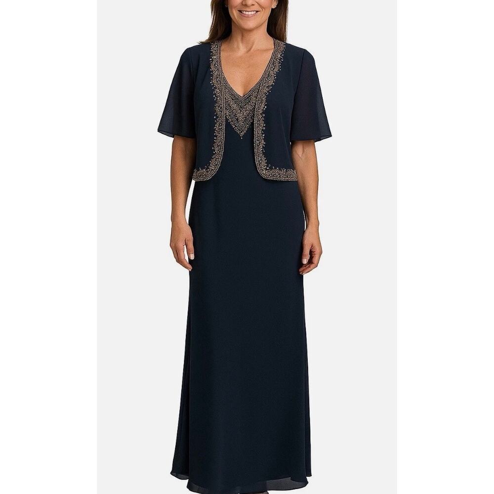 JKARA Women's Beaded Long 2 Piece Jacket Dress Set Navy V-neck Sz 10
